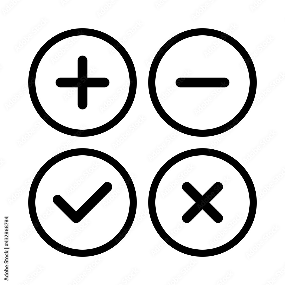 plus icon, minus icon, check mark icon, and cross icon vector sign symbol plus icon, minus icon, check mark icon, and cross icon vector sign symbol