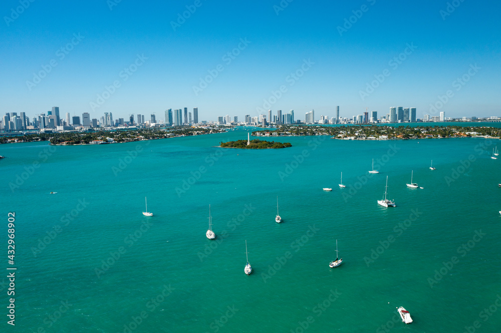 Aerial drone view of downtown Miami from the intracoastal waterway