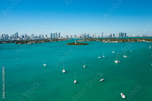 Aerial drone view of downtown Miami from the intracoastal waterway