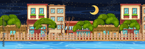 Many buildings along the river horizontal scene at night