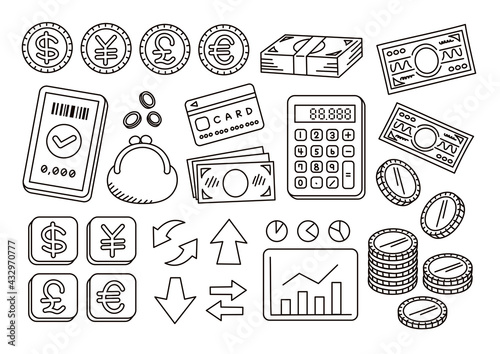 お金にまつわるイラスト素材のセット　線画
