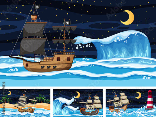 Four different beach scenes with pirate ship