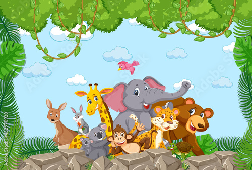Wild animals group in the forest frame