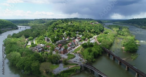 Aerial Drone shot of Historic Downtown Harpers Ferry, West Virginia photo