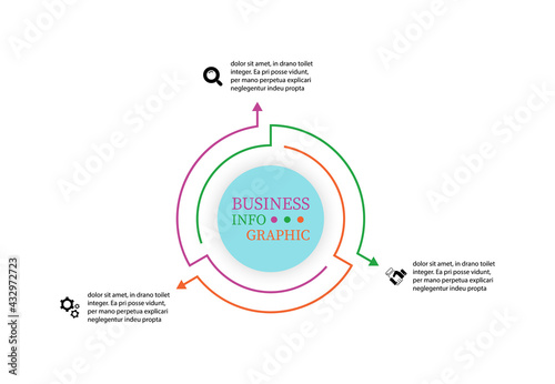 Thin line elements infographic design with arrows presents three options. Infographics vector illustration circular template 3 steps. Can use timeline for workflow diagram, annual report, web design.