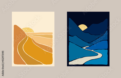 Abstract Bohemian Art Landscape Ochre and Indigo Tones. Boho Style. Mountain View, Sun, Moon, Hills. Vector Art Poster Set.