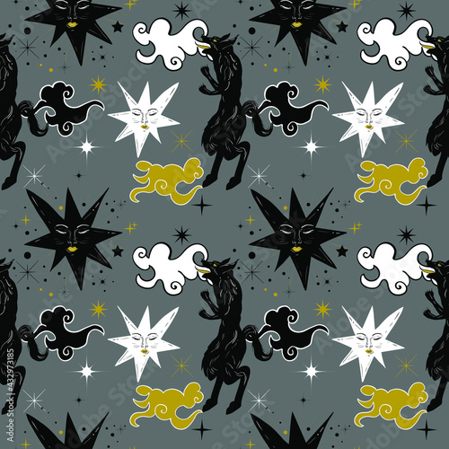 Dark gothic tattoo art style seamless pattern with werewolf and night sky. Mystic fantasy print.