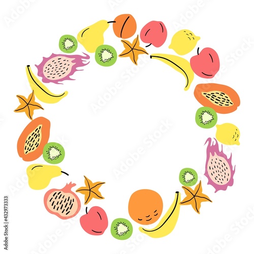 Round frame made of fruits. Background for text. Vector illustration.