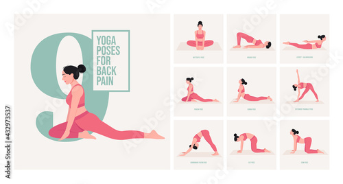 Back pain relief yoga poses. Young woman practicing Yoga pose. Woman workout fitness  aerobic and exercises. Vector Illustration. 
