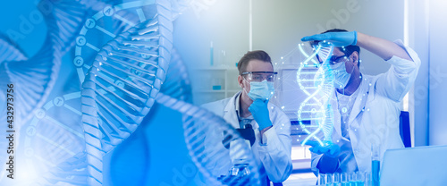 Double exposure DNA of Medicine doctor touching DNA virtual hologram interface or Digital healthcare check with analysis chromosome genetic of human.5G technology of Futuristic Medical science concept photo