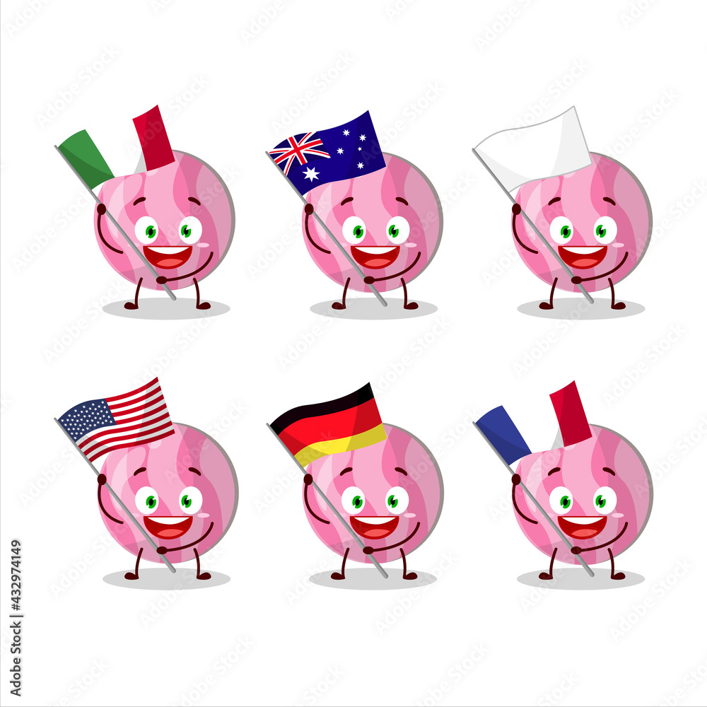 Pink candy cartoon character bring the flags of various countries Pink candy cartoon character bring the flags of various countries
