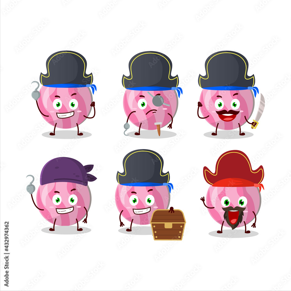 Cartoon character of pink candy with various pirates emoticons Cartoon character of pink candy with various pirates emoticons