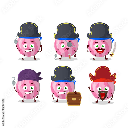 Cartoon character of pink candy with various pirates emoticons