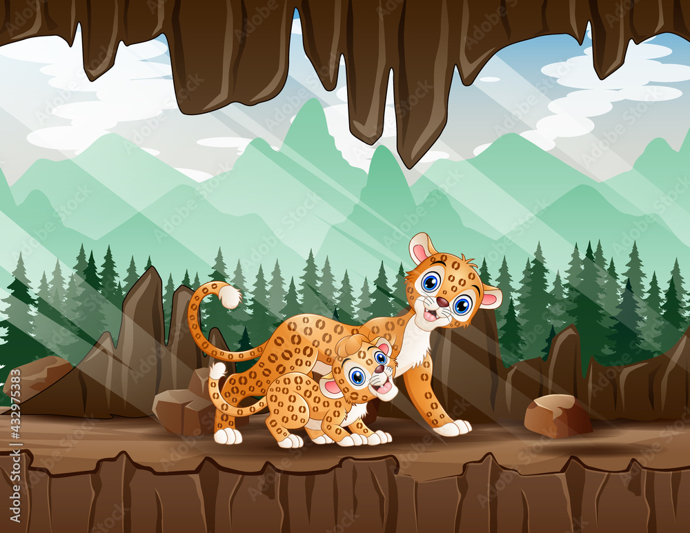 Obraz premium Cartoon a mother leopard with her cub in the cave