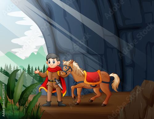 Illustration of a prince and his horse in the cave entrance
