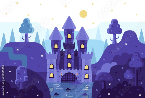 Vector cartoon fairytale castle on the mountain, 2d illustration