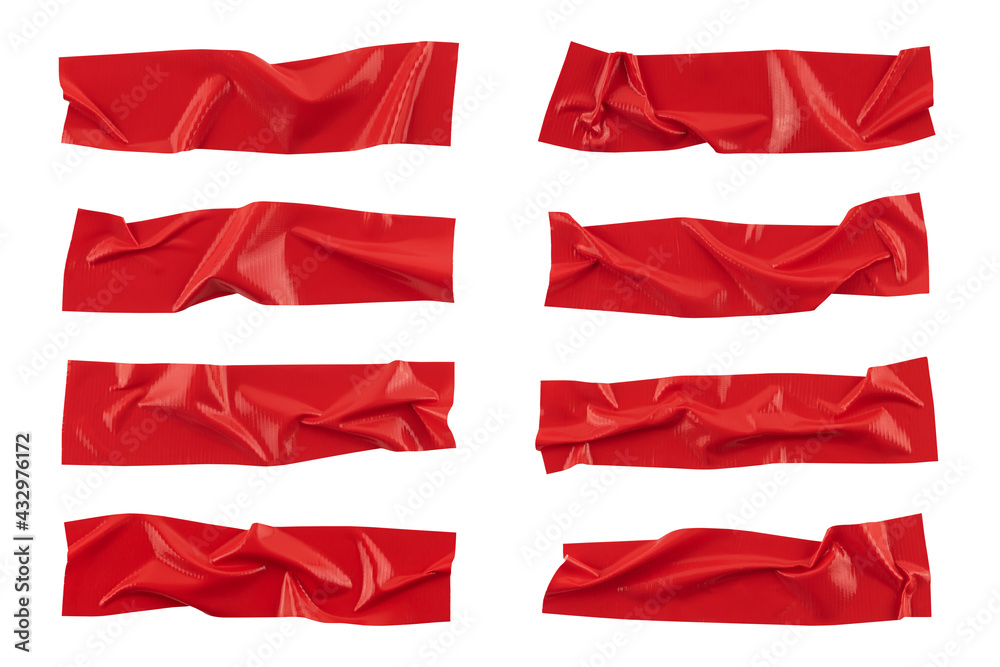 Red wrinkled adhesive tape isolated on white background. Red Sticky scotch tape of different sizes.