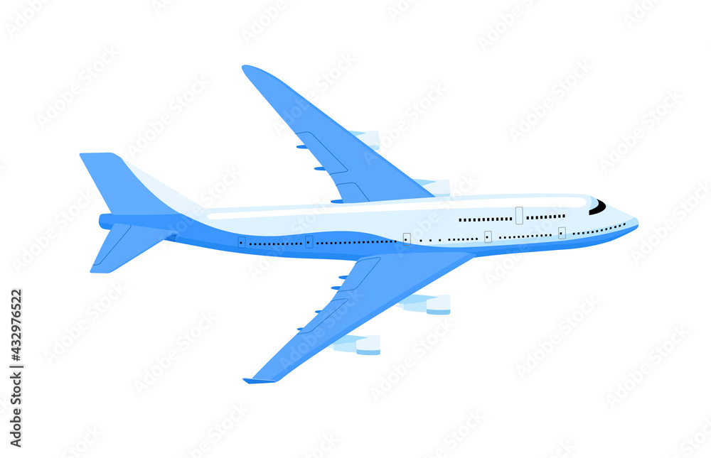 The plane is passenger. Airplane flight forward in the air. Flying planes, cargo services. Isolated vector illustration on white background.