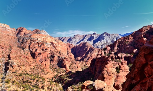 Padre Canyon  Snow Canyon State Park  Saddleback Tuacahn desert hiking trail landscape panorama views  Cliffs National Conservation Area Wilderness  St George  Utah  United States. USA.