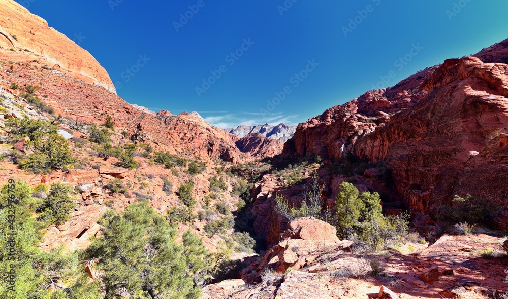 Padre Canyon, Snow Canyon State Park, Saddleback Tuacahn desert hiking trail landscape panorama views, Cliffs National Conservation Area Wilderness, St George, Utah, United States. USA.