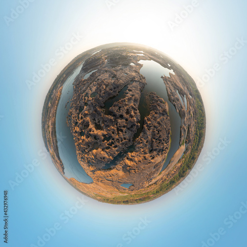 Little planet 360 degree sphere. Panorama of aerial view of Sam Phan Bok, Ubon Ratchathani, Thailand. Dry rock reef. Nature landscape background. Grand Canyon of Thailand.