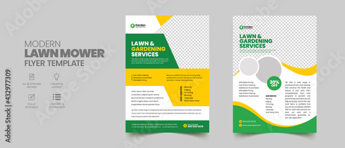 Lawn Mower Garden or Landscaping Service Flyer Template. Business Flyer poster pamphlet brochure cover design layout background, A4 size leaflet, grass, equipment, gardener