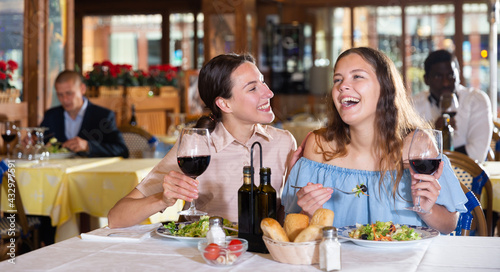 Two positive females dining in restaurant  enjoying meal and conversation