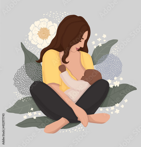 a white woman is breastfeeding her black newborn baby. vector illustration on a background of leaves and flowers. for poster, banner, postcard, magazine or book cover, support for interracial families