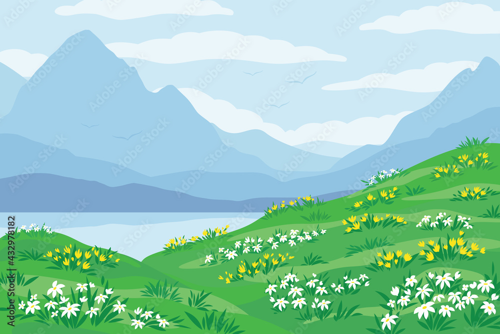 Landscape with blue silhouettes of mountains, hill with flowering plants, sky with clouds and lake. Travel and adventure concept, wild nature. Flat vector illustration