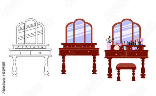 Dressing table with mirror in vintage style. diagram,  dressing table with cosmetics, makeup brushes, perfume and a comb. Vector illustration in flat and linear style.