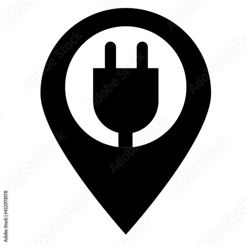 electric car charge station map pin icon on white background. electric charger pointer sign.electric plug and map pointer logo. charging station symbol. flat style.