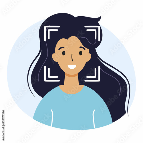 Face scanning and recognition technology. Digital protection and security. Young woman in flat style.