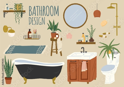 Vector set of bathroom accessories and furniture. Hand drawn home bath interior isolated objects. Bathtub, shower, washbasin, shampoo, toilet, mirror