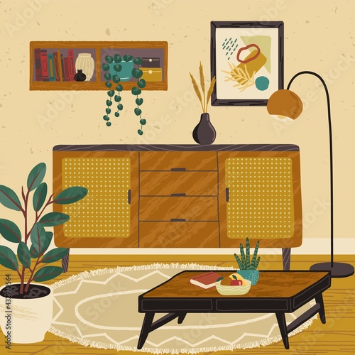 Home modern interior design. Living room interior hand drawn vector illustration. Cozy room furniture and accessories. Storage cabinet, wall painting, book shelf and coffee table