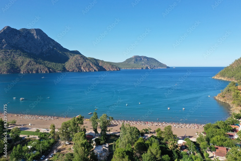 Adrasan bay is a beautiful location in the Mediterranean, with its long beach and scenery. Aerial view with drone. Antalya, TURKEY
