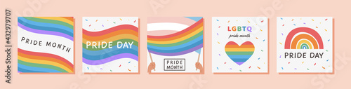 Vector Banner Template Set with LGBTQ symbols. Social media post, stories, poster template with LGBT rainbow flag. Collection of Cards for pride month celebration. Gay parade. Flat style Illustration.