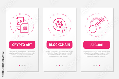 Crypto art, blockchain technology, security. Onboarding mobile app page screen set with line symbols. UI for smartphones. Isolated vector illustration.