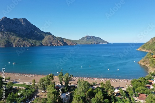 Fototapeta Naklejka Na Ścianę i Meble -  Adrasan bay is a beautiful location in the Mediterranean, with its long beach and scenery. Aerial view with drone. Antalya, TURKEY
