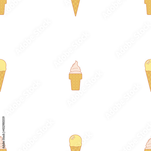 Line art vector illustration of waffle cone with ball of ice cream or gelato in pastel colors. Seamless pattern.