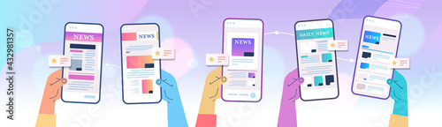 hands using mobile app for online reading news newspaper or magazine on smartphone screens breaking news