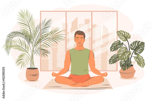 Young man in yoga posture doing meditation, mindfulness practice, spiritual discipline at home.Young man practicing yoga, sitting with his legs crossed on floor. Flat vector illustration.
