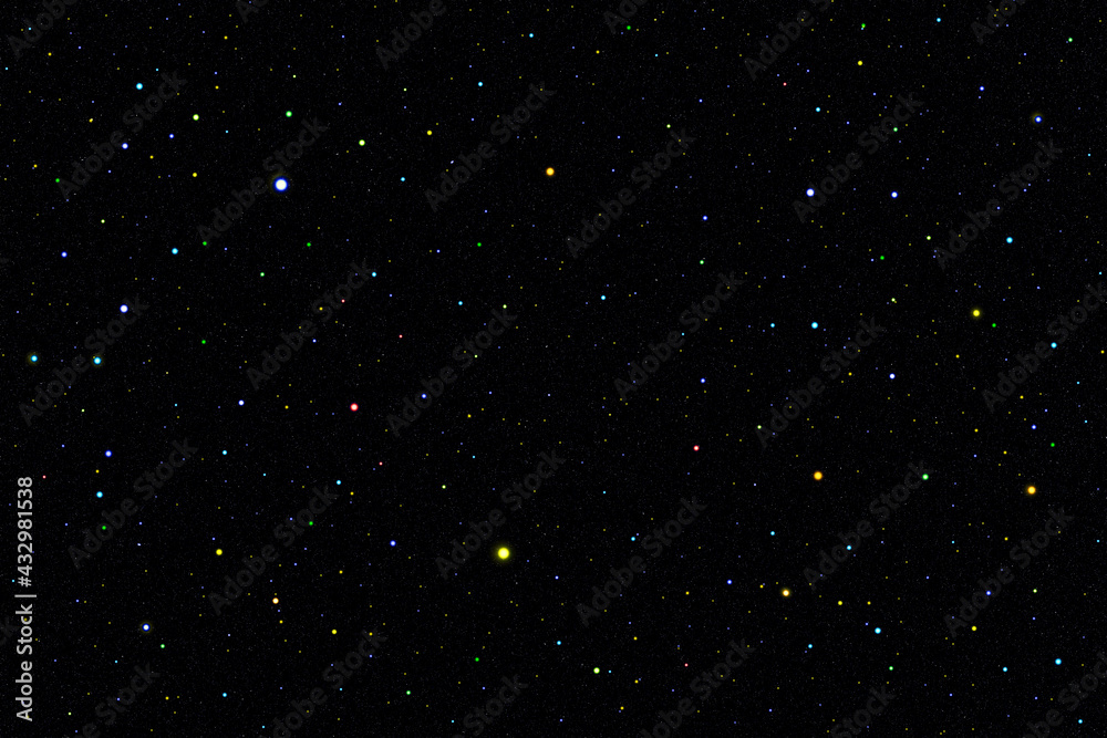 Starry night sky background.  3D photo of dark night sky with colourful stars. 