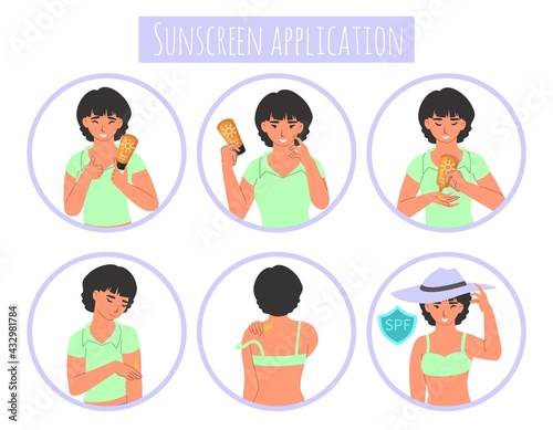 Sunscreen application steps, flat vector illustration. Sunburn protection procedure. Face and body skin care routine.