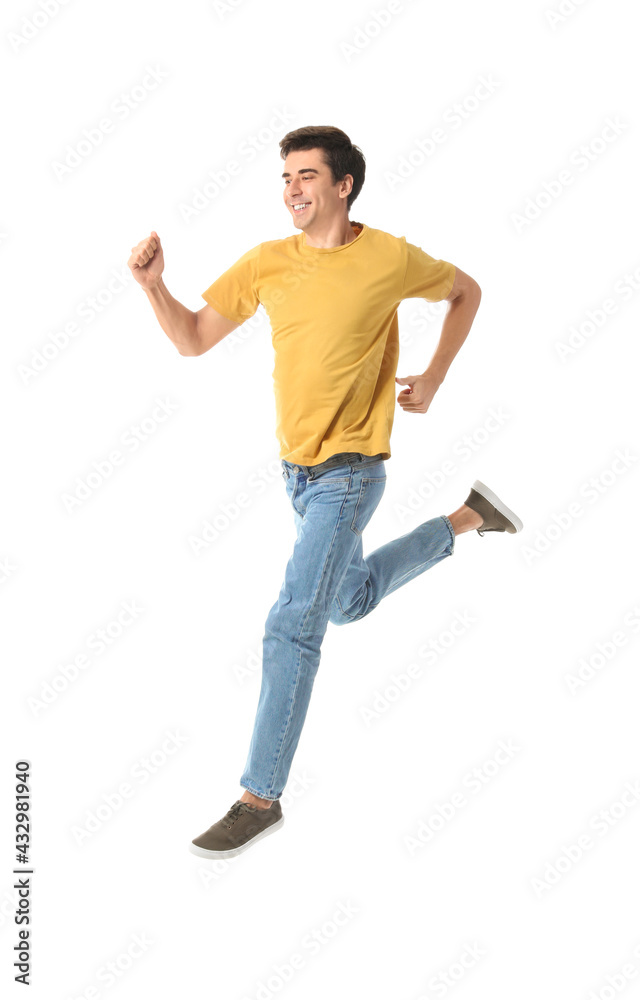 Jumping young man on white background Jumping young man on white background