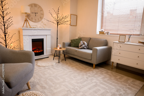 Interior of modern living room with fireplace