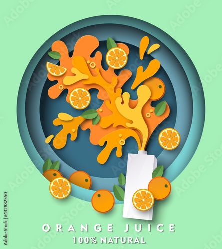 Orange juice carton pack mockup, fresh fruit, liquid splashes, drops. Vector paper cut illustration. Natural drink ads.