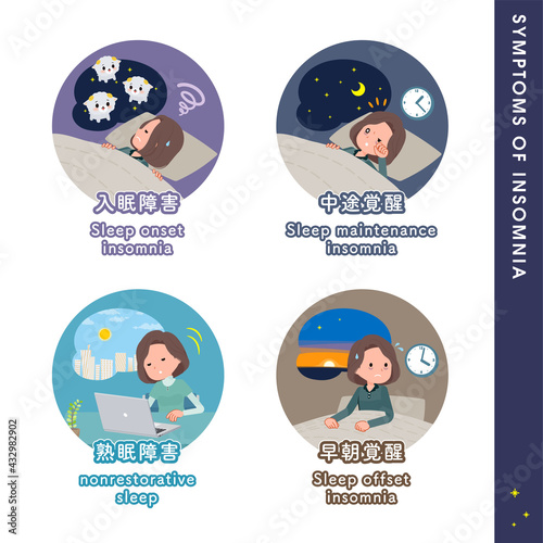 睡眠障害の種類についてのチュニック中年女性のセット