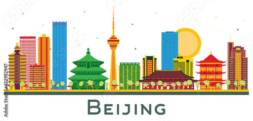 Beijing China City Skyline with Color Buildings Isolated on White.