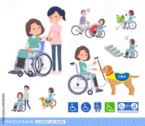 車椅子に乗るチュニック中年女性のセット