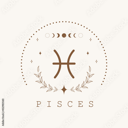 Pisces. Zodiac sign in boho style. Astrological icon isolated on white background. Mystery and esoteric. Horoscope logo vector illustration. Spiritual tarot card.